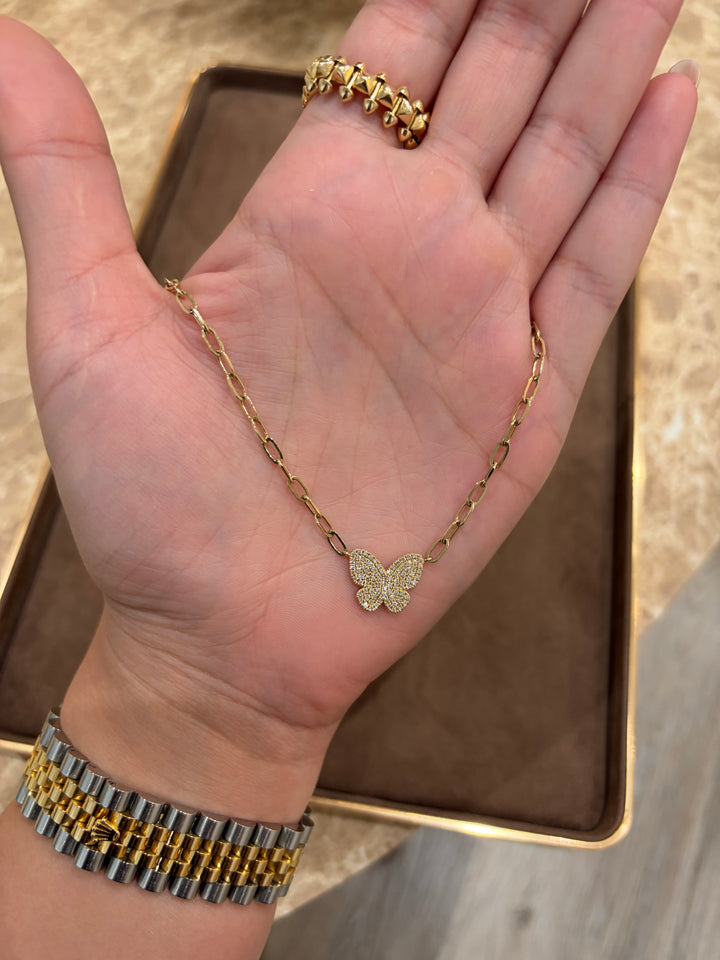 14K Yellow Gold Paper Clip and Diamond Butterfly Necklace