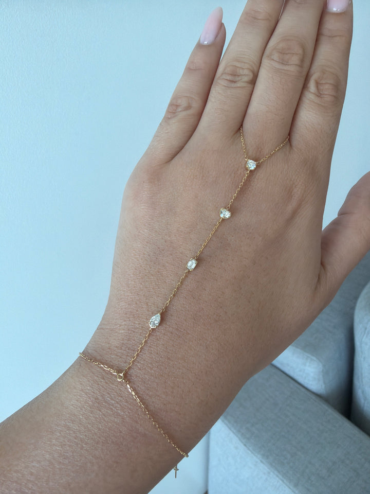 18K Yellow Gold Diamond Multi Shape Hand Chain Bracelet