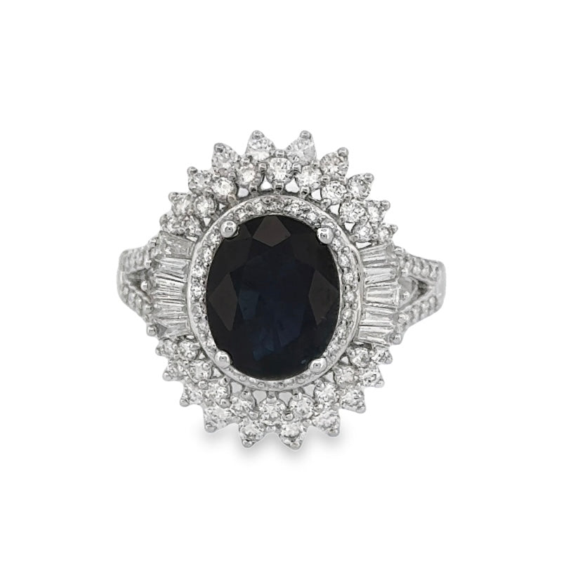 1.00 CT + S3.00 Ct Princess Diana Inspired Blue Sapphire Ring with Diamonds (by orders only)