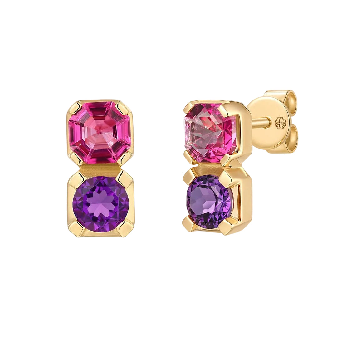14K Yellow Gold Two Stones Studs Pink Tourmaline and Amethyst Pushbacks