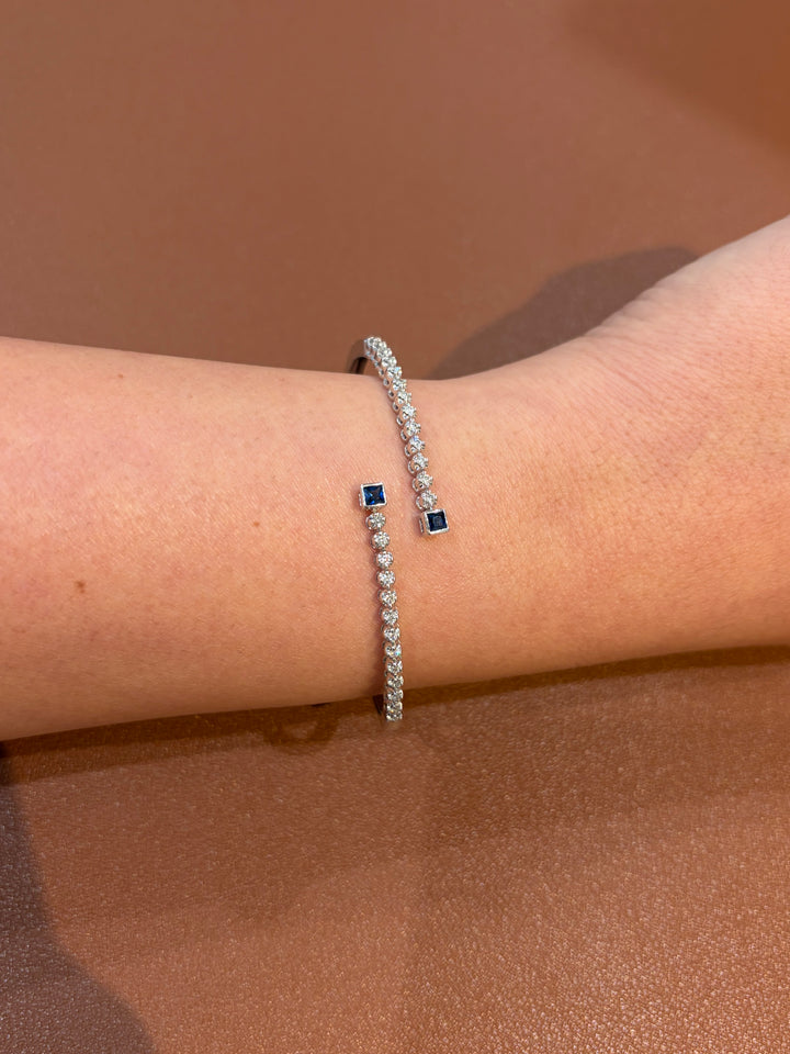 14K White Gold Diamonds and Sapphire Bangle Bracelet