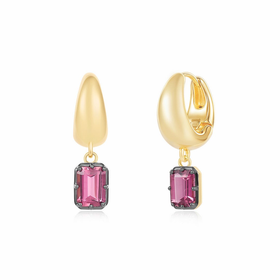 14K Yellow Gold Pink Tourmaline Huggies Earrings