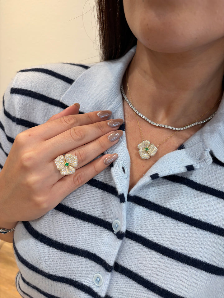 14K Yellow Gold Diamond and Emerald Fancy Flower Necklace