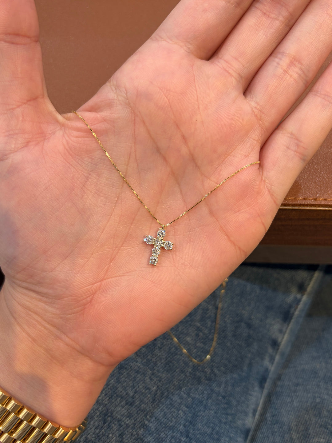 14K Yellow Gold Lab Diamond Small Cross Necklace