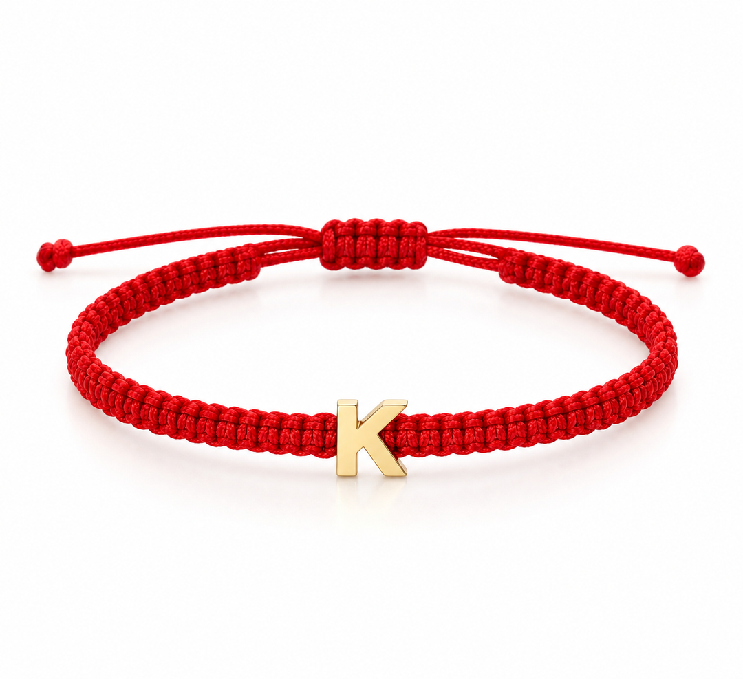 14K Yellow Gold Initial Letter 8mm Red Cord