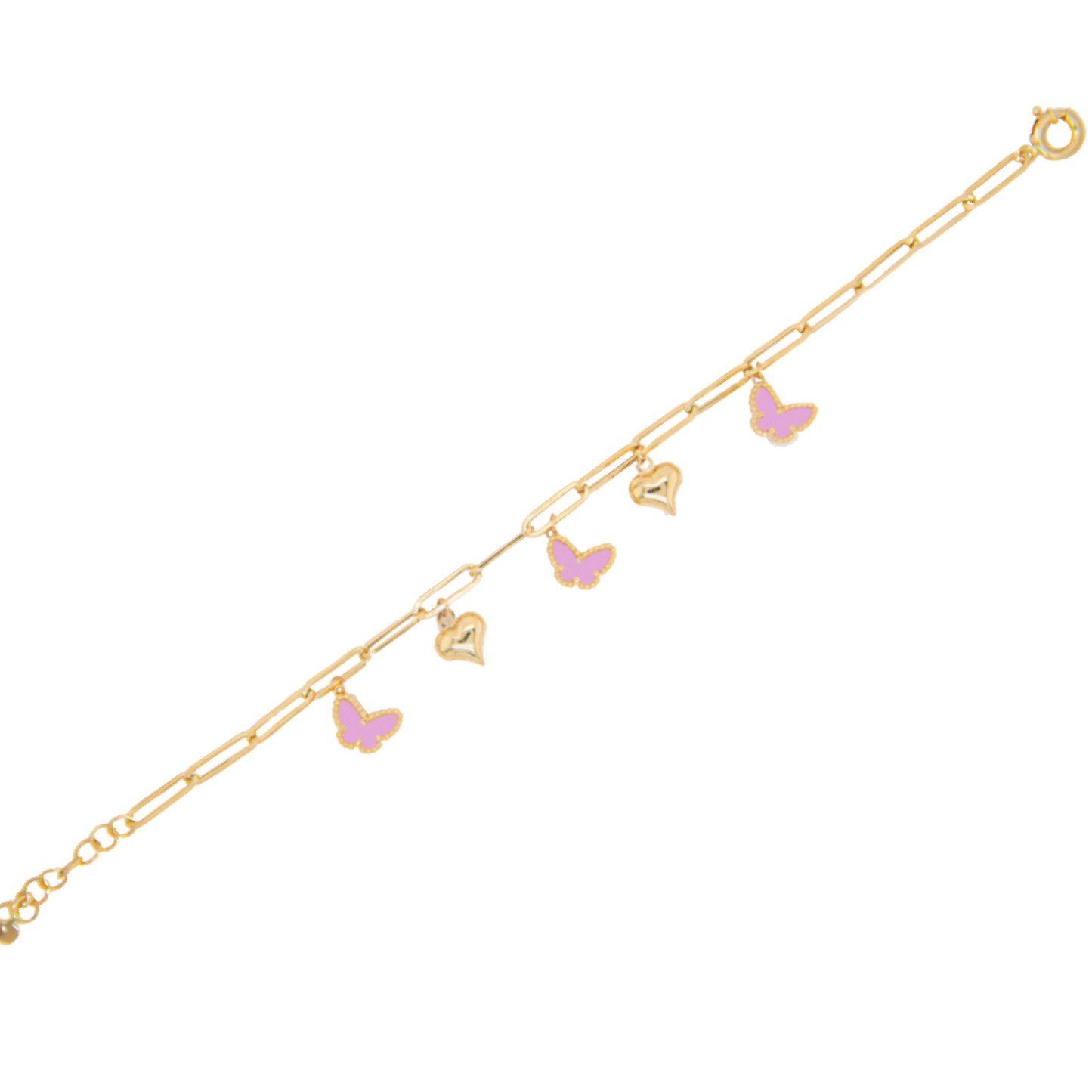 Paper clip colgantes pink mariposas y corazón Bracelet 14K