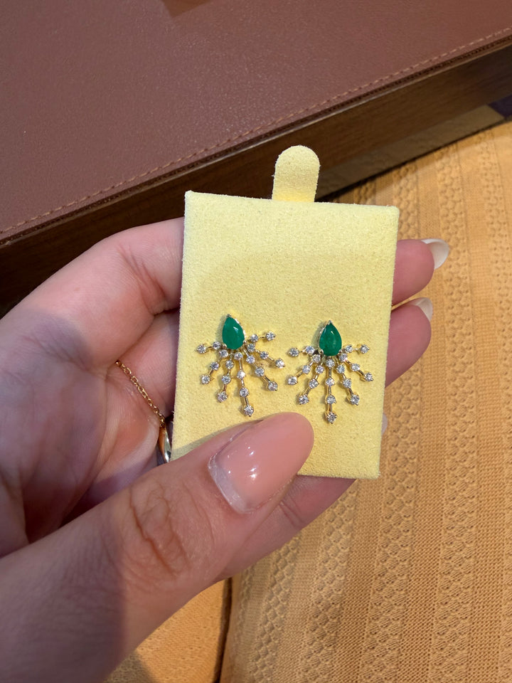 14K Yellow Gold Diamonds and Emeralds Fancy Earrings Pushbacks