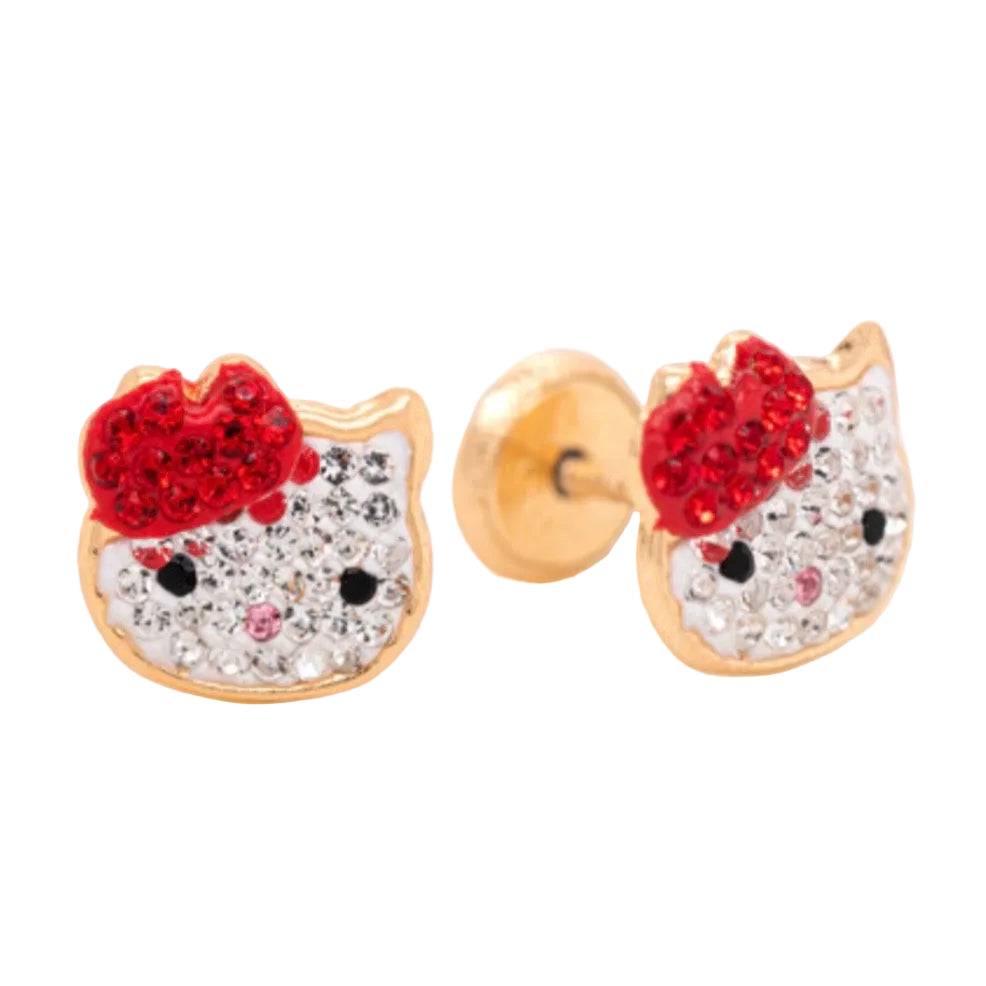 14K Yellow Gold and Zirconia Cat REd Bow Earrings Screwbacks