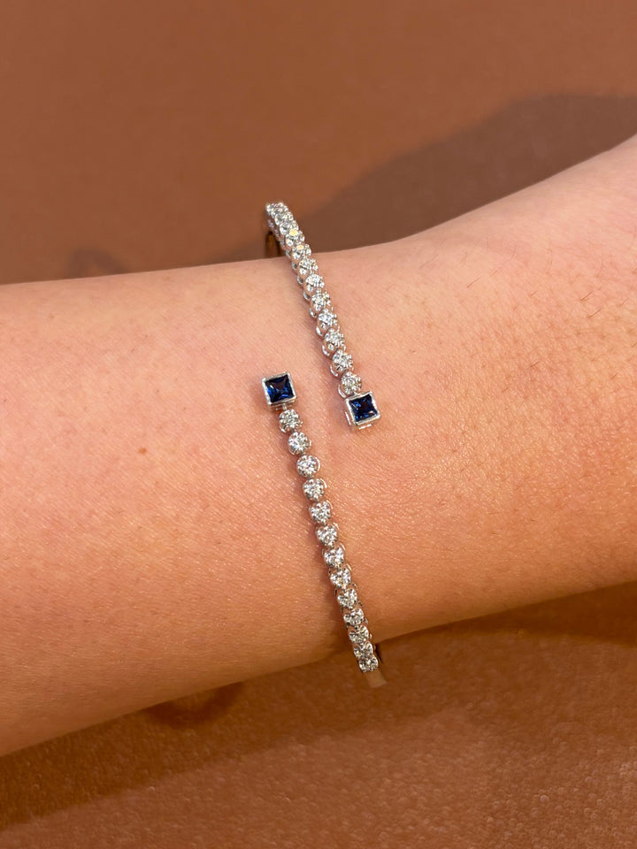 14K White Gold Diamonds and Sapphire Bangle Bracelet