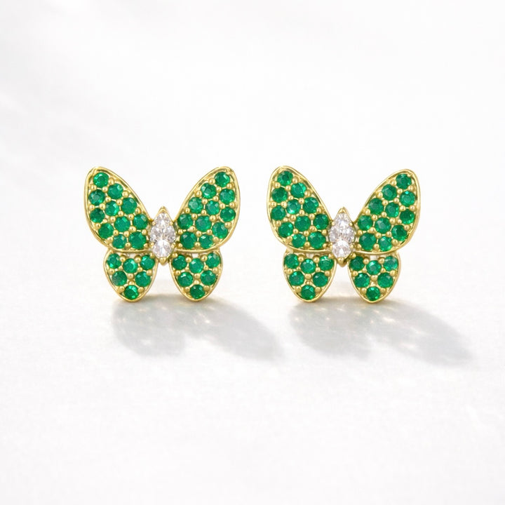 14K Yellow Gold Emeralds and Diamond Butterfly Earrings Pushback