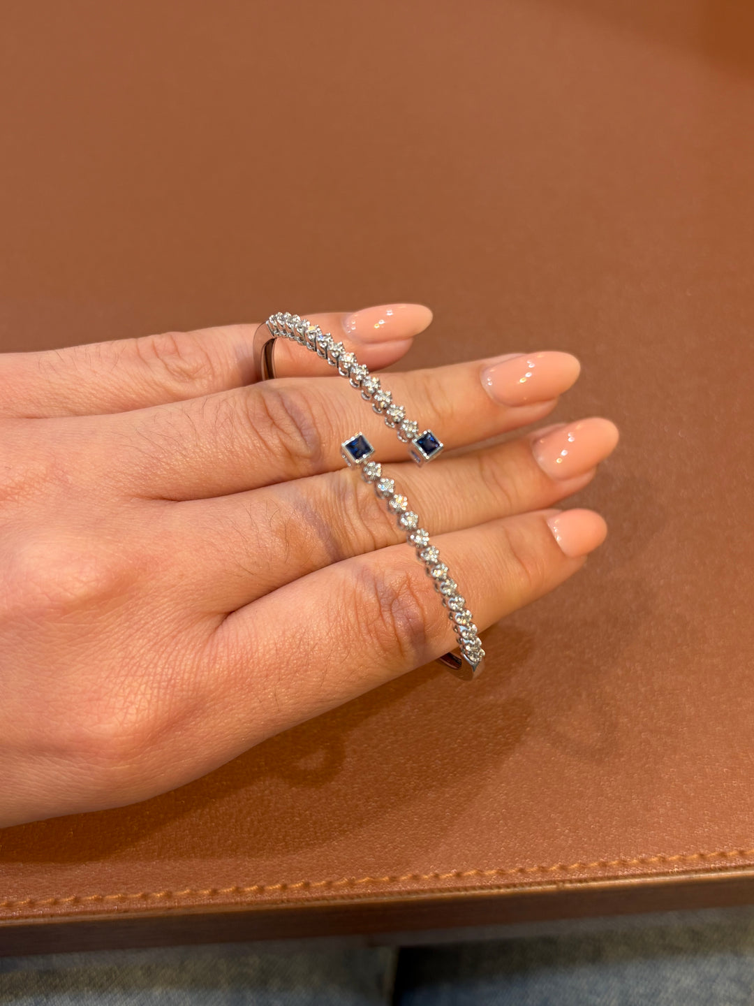 14K White Gold Diamonds and Sapphire Bangle Bracelet