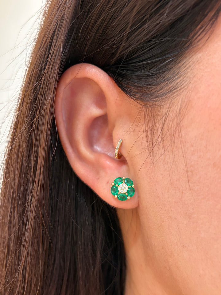 14K Yellow Gold Diamonds Oval Prong Emerald Flower Earrings Pushbacks