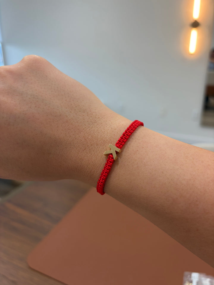 14K Yellow Gold Initial Letter 8mm Red Cord