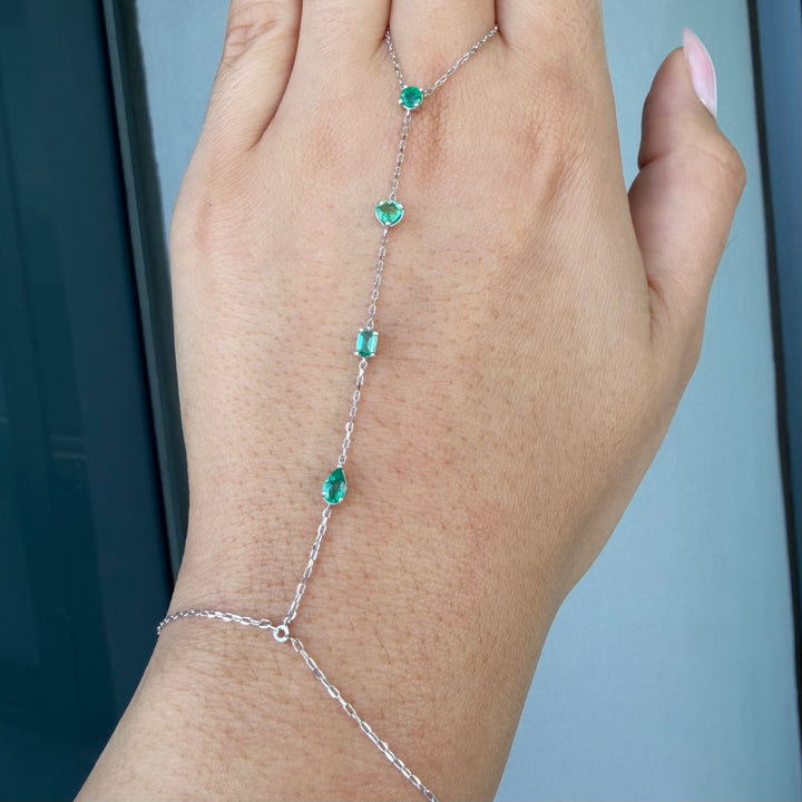 18K White Gold Emerald Multi Shape Hand Chain Bracelet