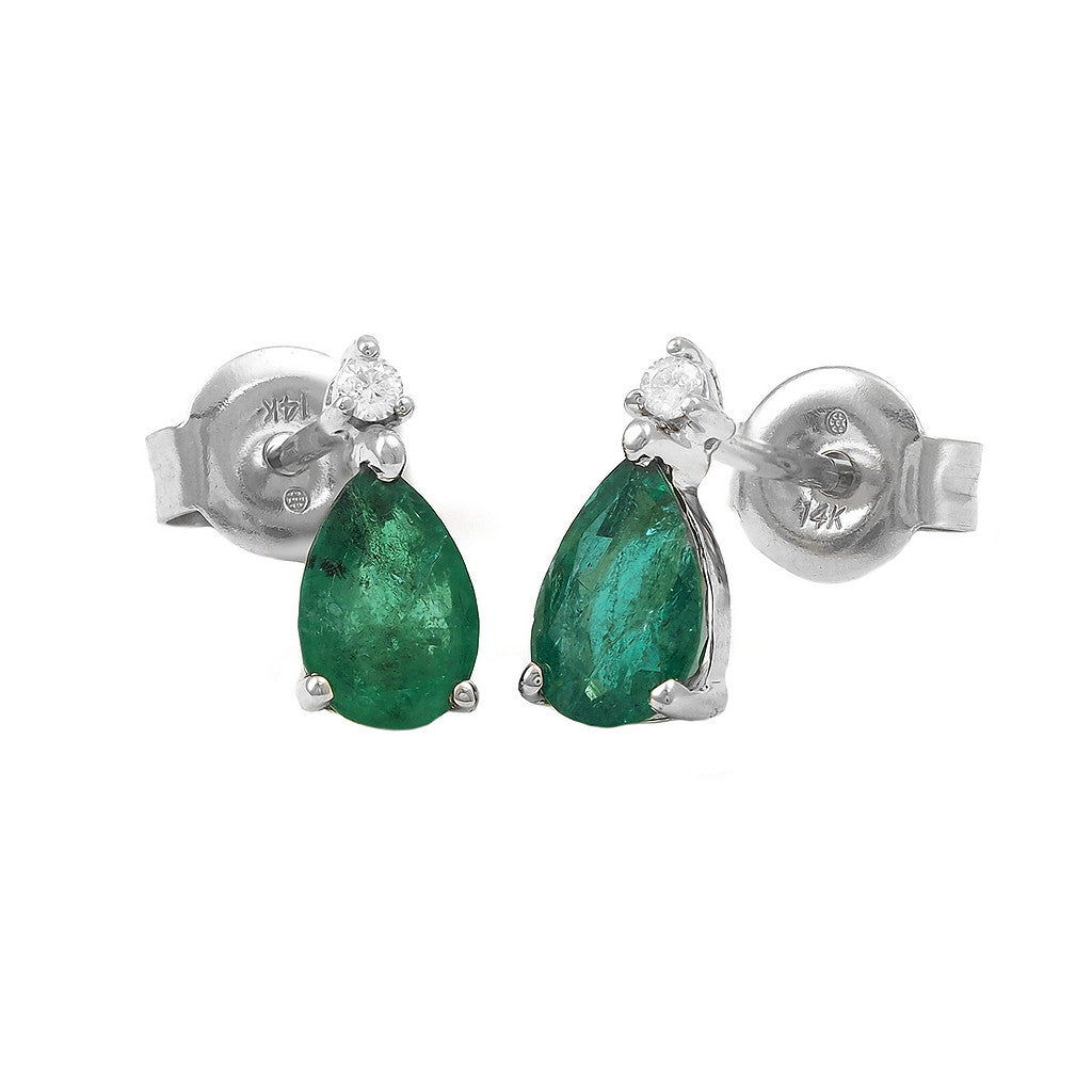 14K Classic Pear Prong Emerald And Diamond Earring
