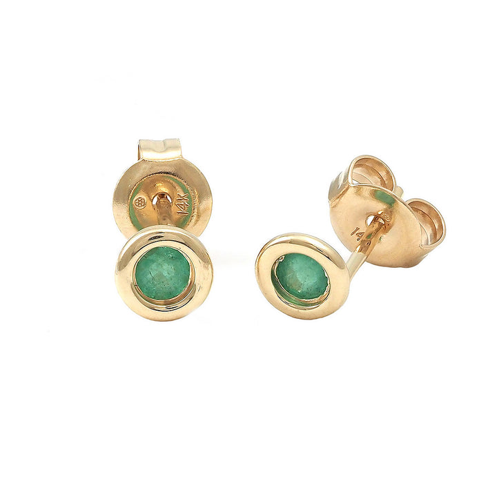 14K Gold Round Bezel Emerald Earring