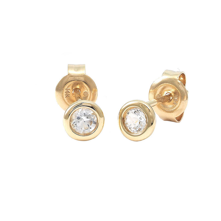 14K Gold Round Bezel White Topaz Earring
