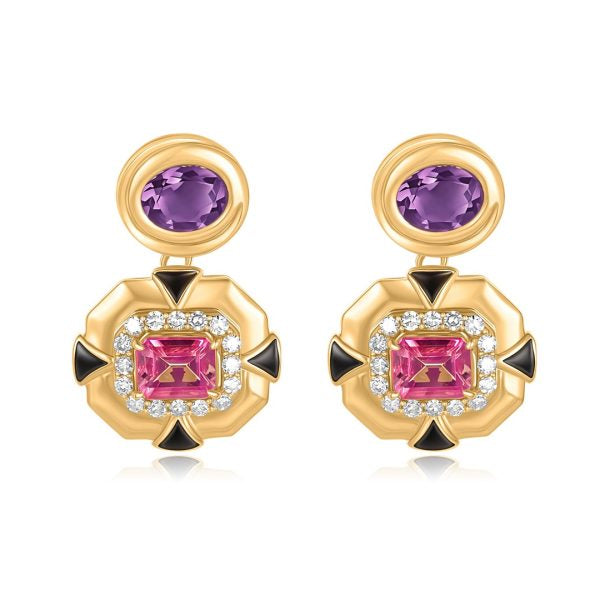 14K Yellow Gold Amethyst Pink Topaz and Diamond Pushbacks