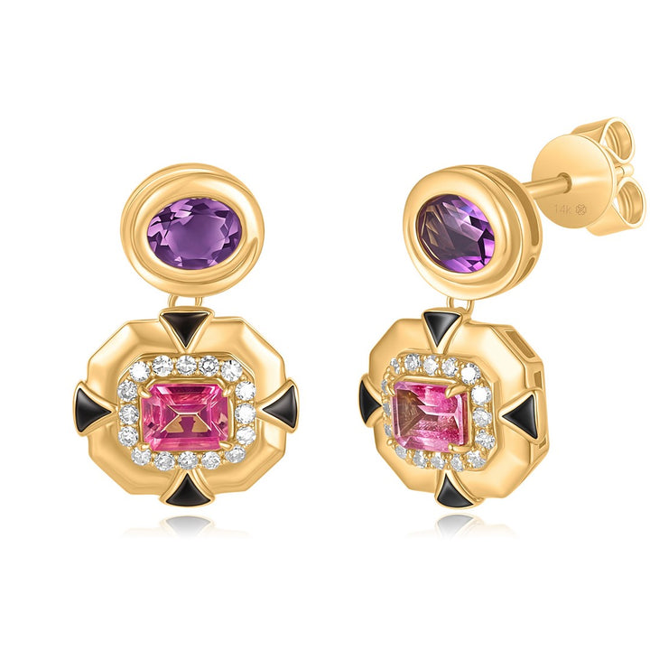 14K Yellow Gold Amethyst Pink Topaz and Diamond Pushbacks