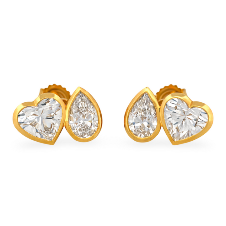 14K Yellow Gold Heart and Pear Lab diamond Cut Earrings Pushbacks