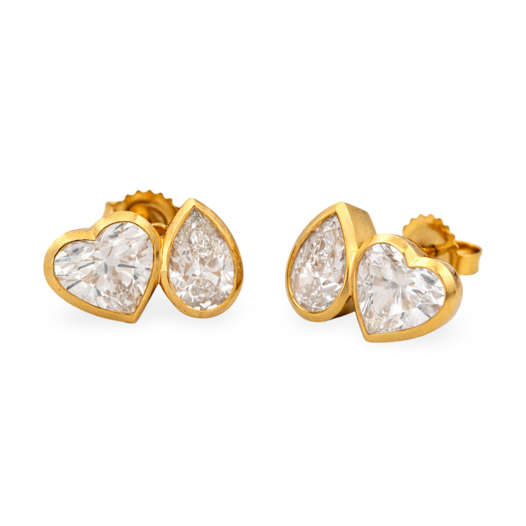 14K Yellow Gold Heart and Pear Lab diamond Cut Earrings Pushbacks