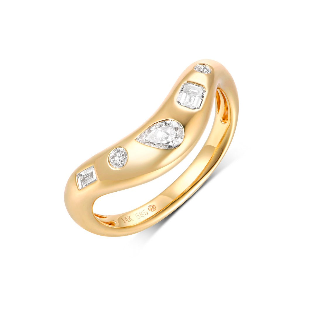 14K Gold and Diamonds multi shape Wavy Ring