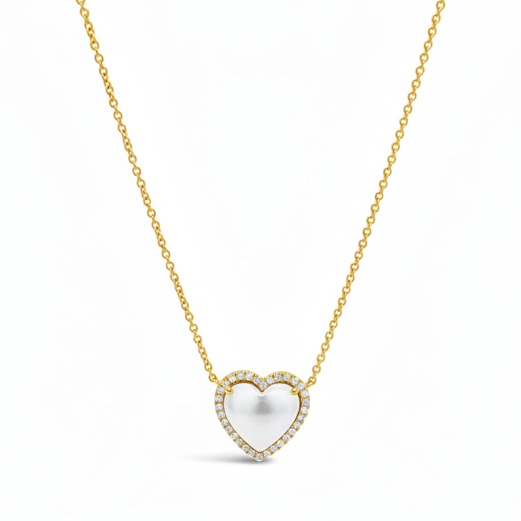 14k Yellow Gold Mother of Pearl and Diamond Heart Necklace