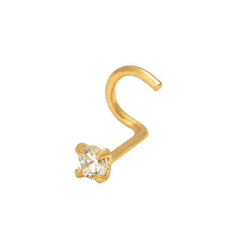 14K Yellow Gold White CZ Cluster Curved Nose Ring