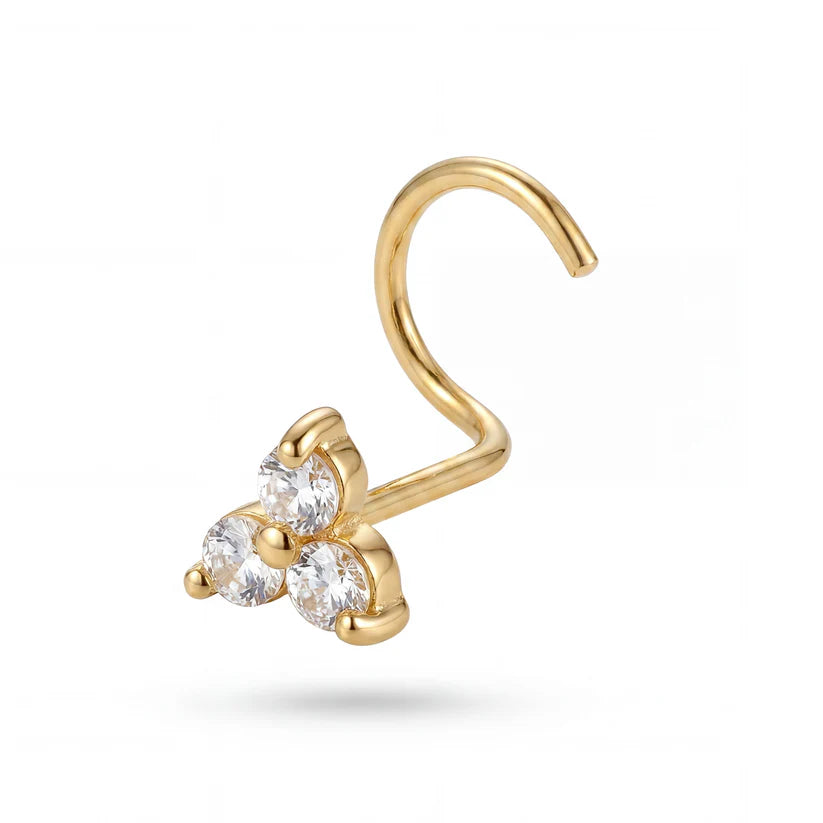 14K Yellow Gold CZ Trio Cluster Curved Nose Piercing Ring