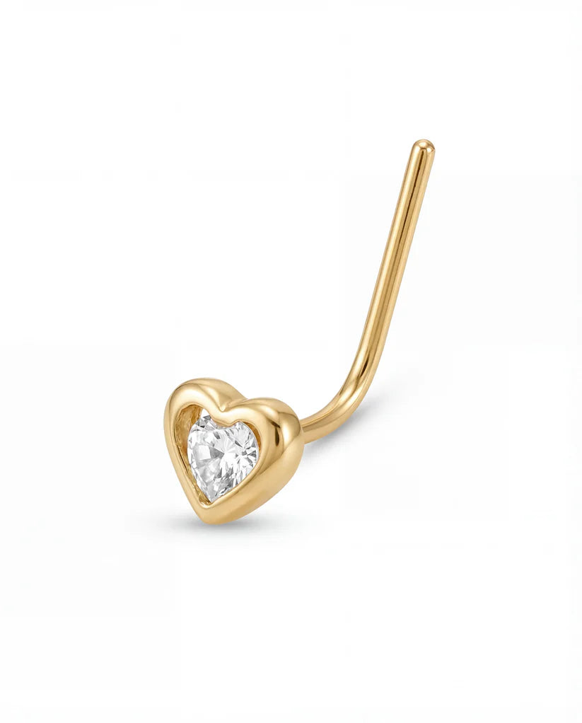14K Yellow Gold White CZ Heart L-Bar Nose Ring