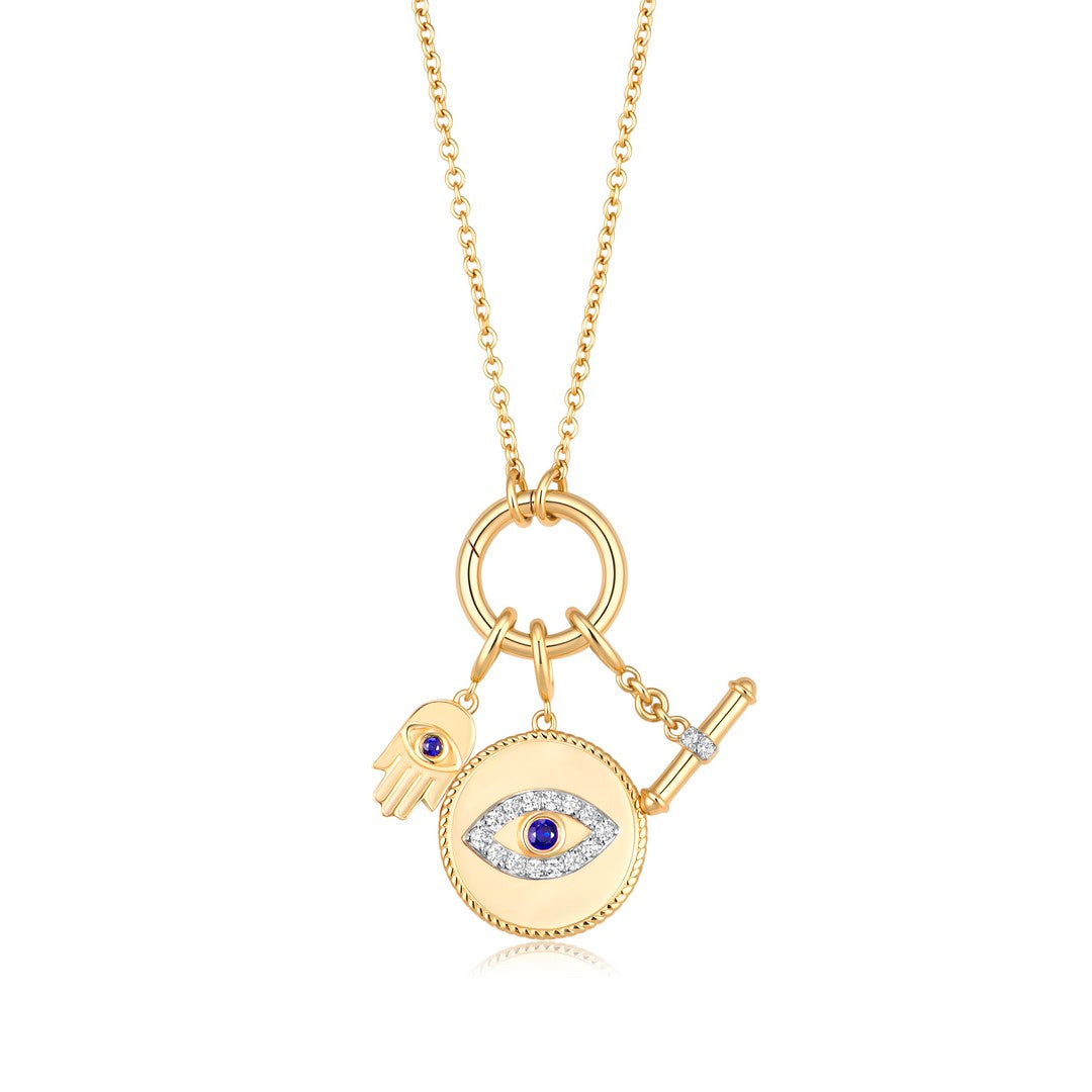 14K Yellow Gold O - Ring Evil Eye & Hamsa Multi-Charms Necklace