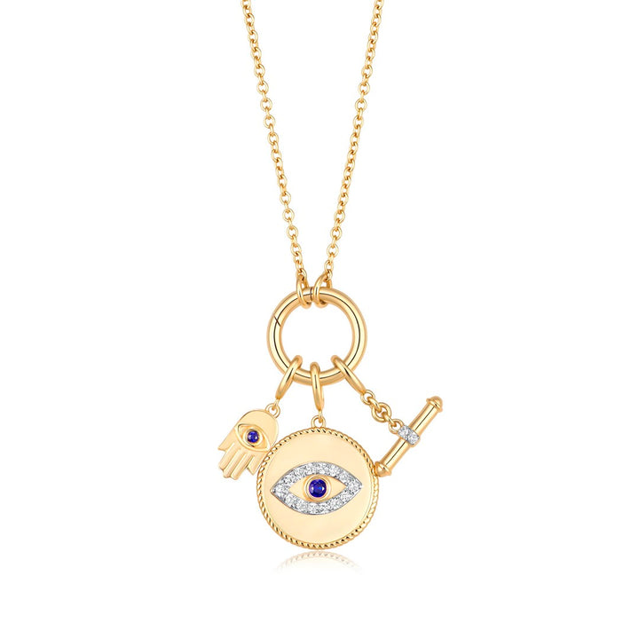 14K Yellow Gold O - Ring Evil Eye & Hamsa Multi-Charms Necklace