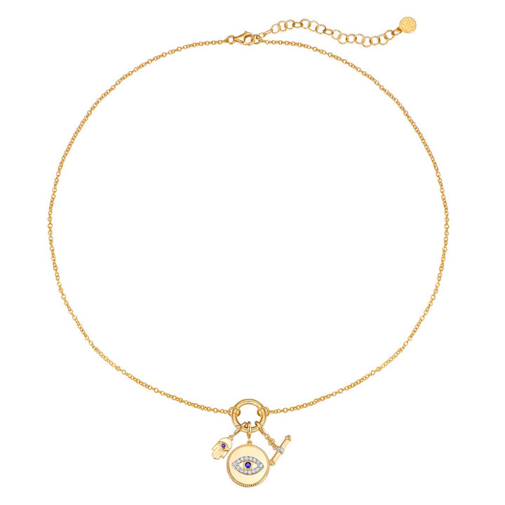14K Yellow Gold O - Ring Evil Eye & Hamsa Multi-Charms Necklace