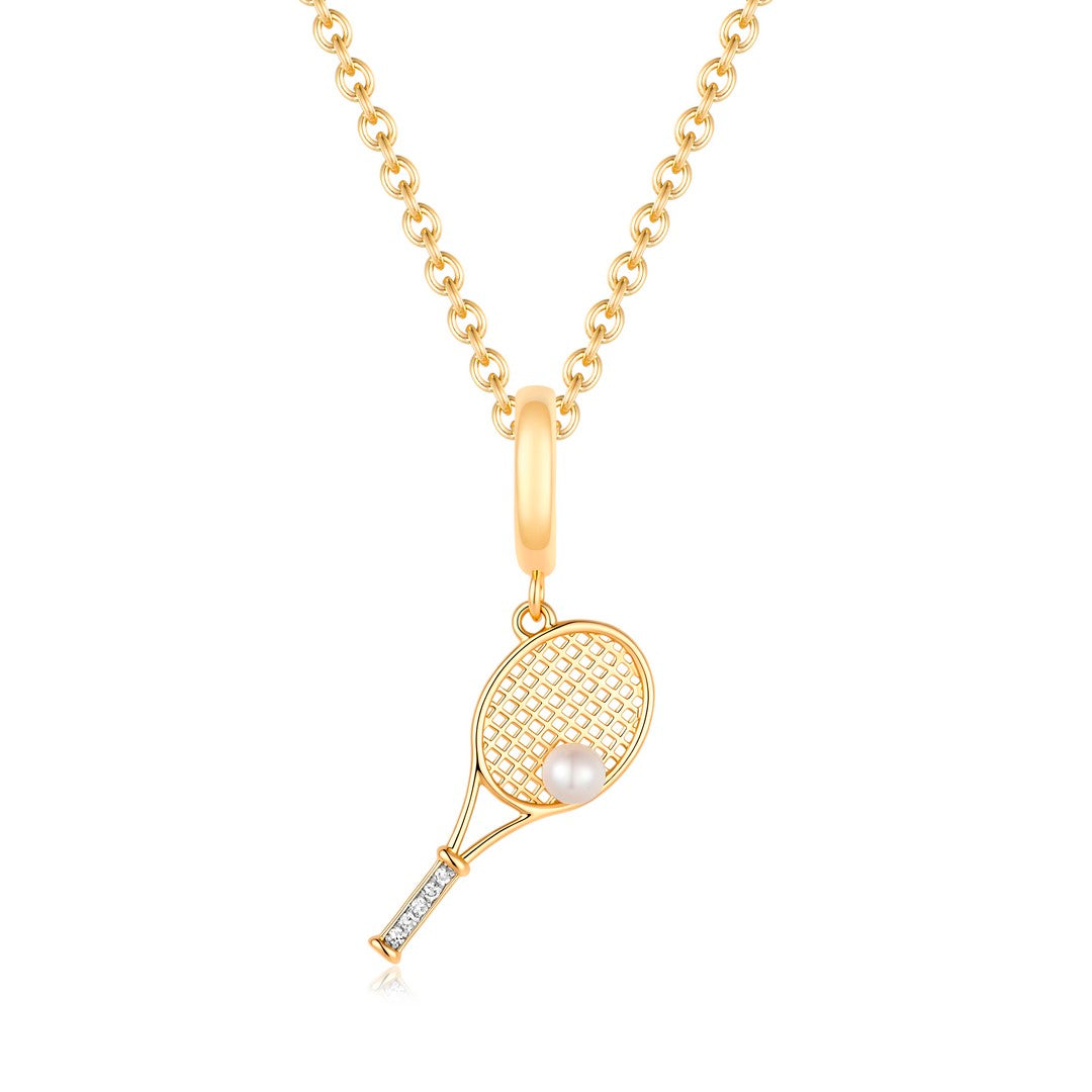 14K Yellow Gold Tennis Racket Pearl Accent Charm Pendant