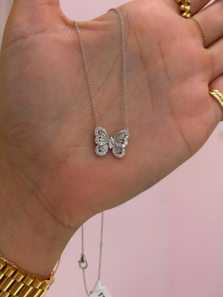 14K White Gold Butterfly Diamond Necklace