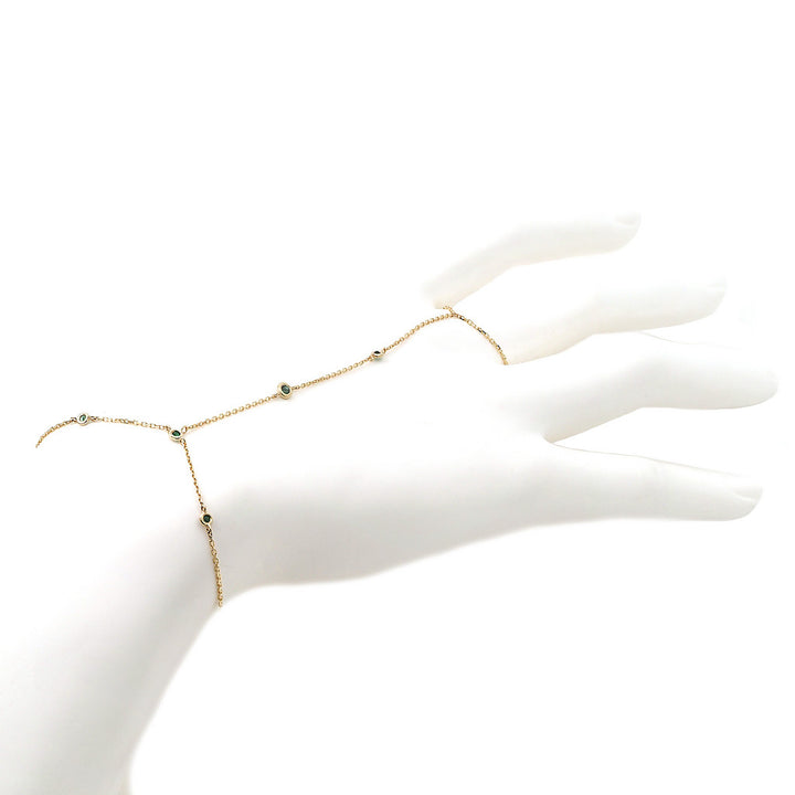 14K Yellow Gold Hand Chain Round Bezel Emerald Bracelet