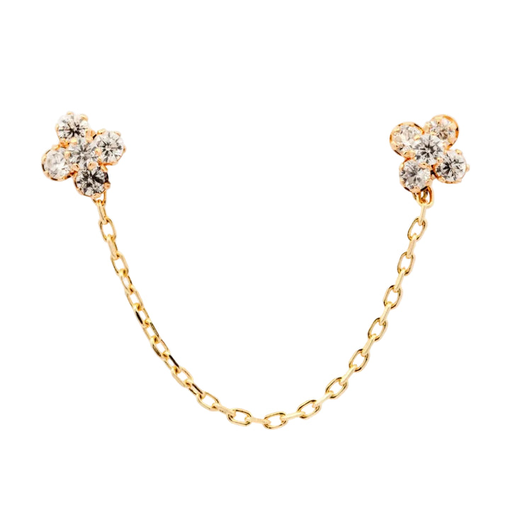 14K Yellow Gold CZ Flowers Connected with Chain Screwback Earrings