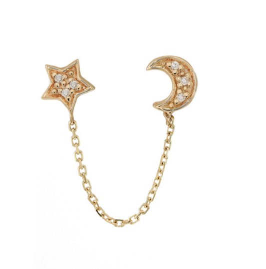 0.02 ct diamond moon + stars hanging chain earrings 14k + diamond 💎