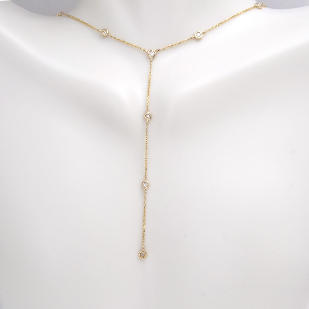 14K Yellow Gold  Round Bezel Diamond Lariat Necklace
