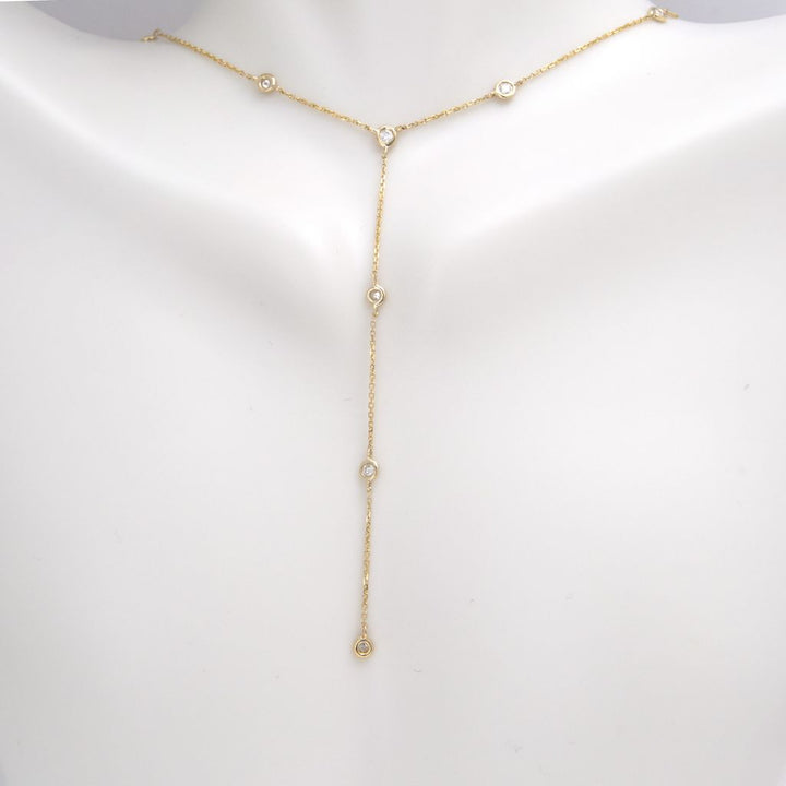 14K Yellow Gold  Round Bezel Diamond Lariat Necklace