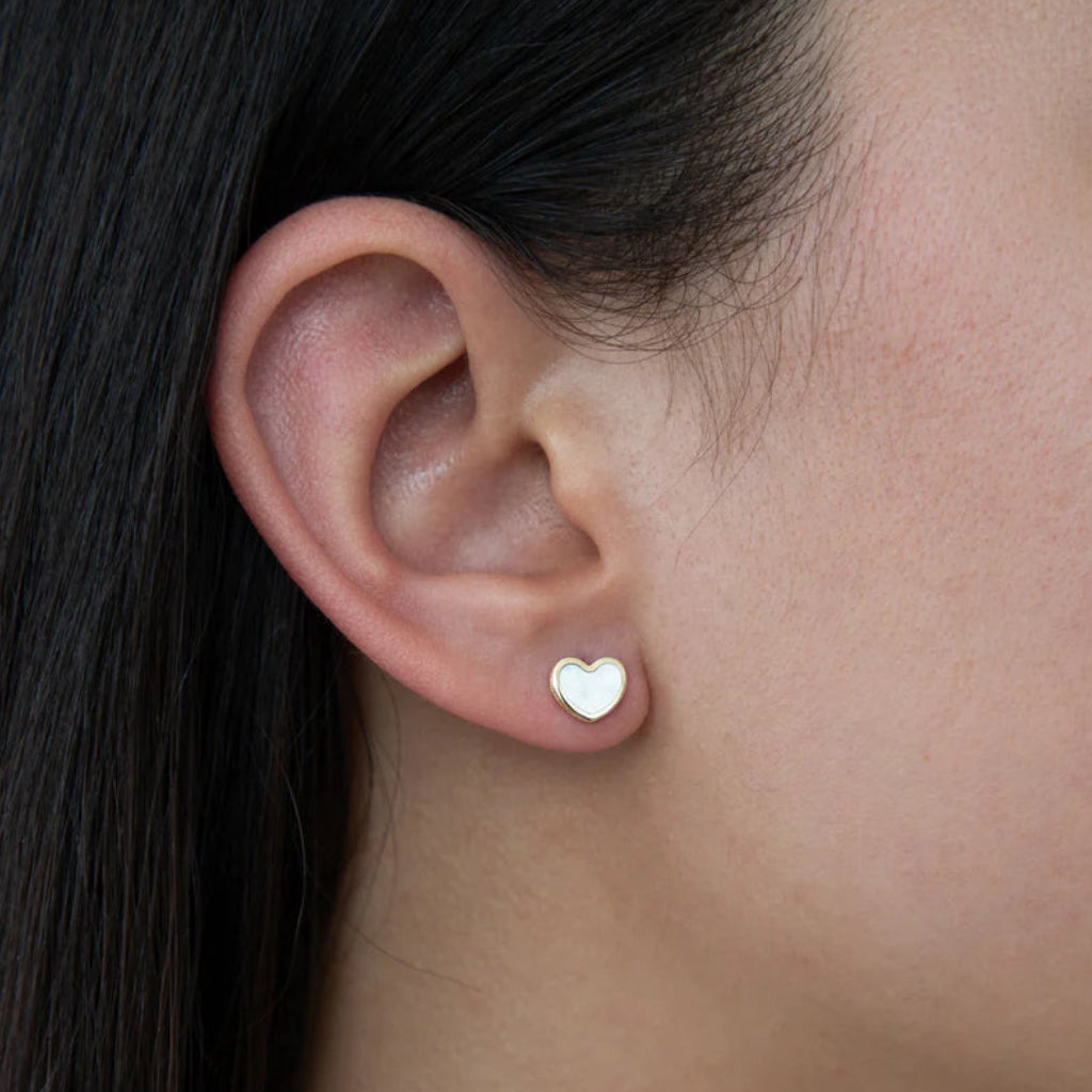 14k Yellow Gold Small Mother of Pearl Heart Studs
