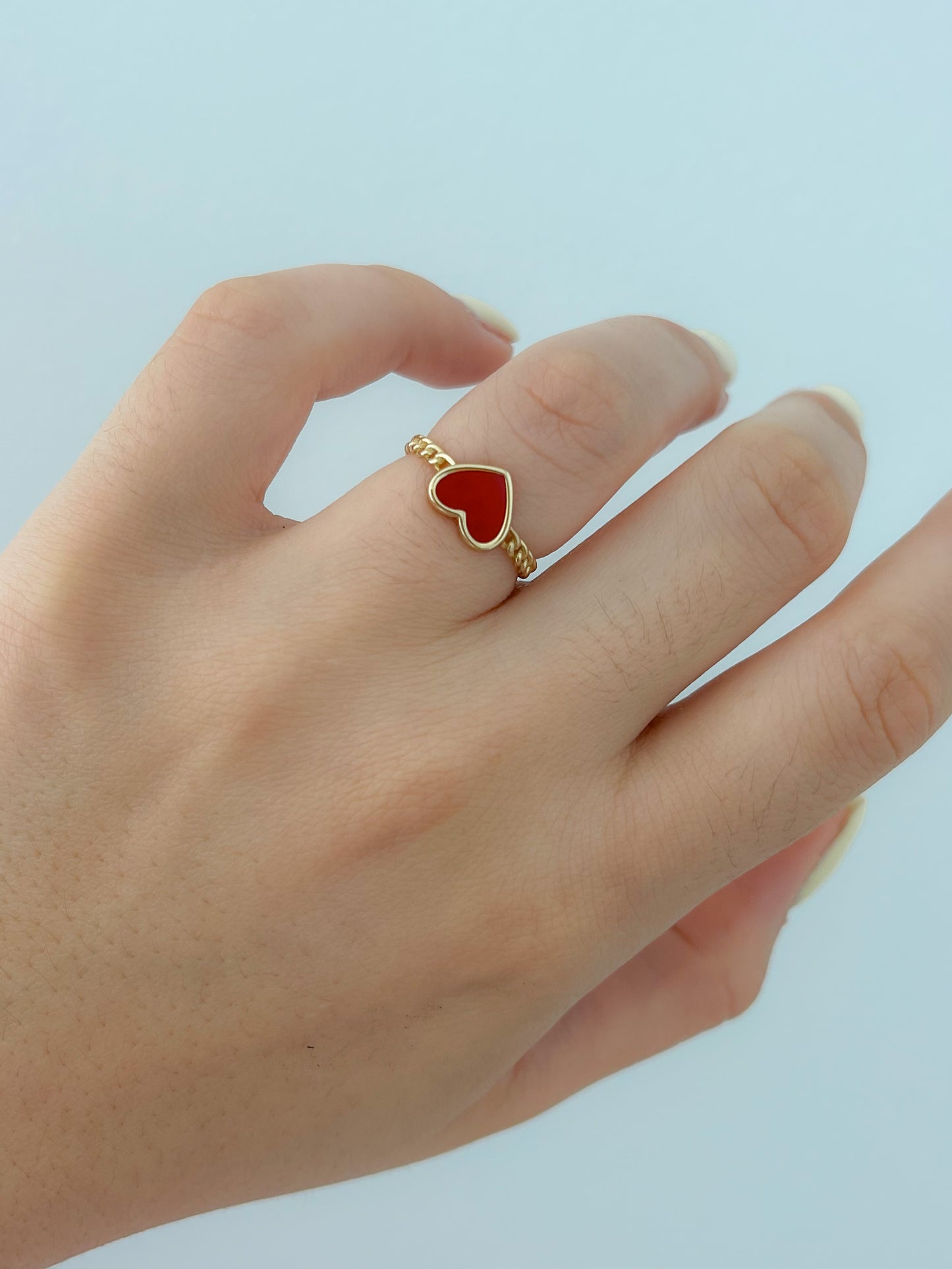Fine Chain and Red Heart Enamel Ring