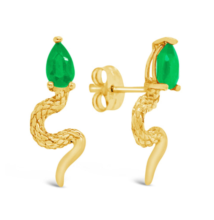 18K Yellow Gold Emerald Snake Earrings Pushbacks