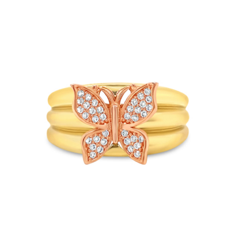 14k Gold Rose Gold Butterfly and Cz